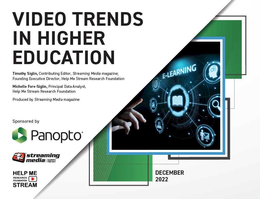 Cover of the report Video Trends in Higher Education, with a hand touching a screen with E-LEARNING written on it