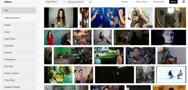 Screenshot of the Frame Set website showing filters on the left and video thumbnails on the right.