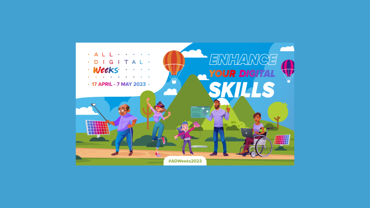 ALL DIGITAL Weeks 2023 banner: Enhance your digital skills! 17 April - 7 May 2023. People with devices.