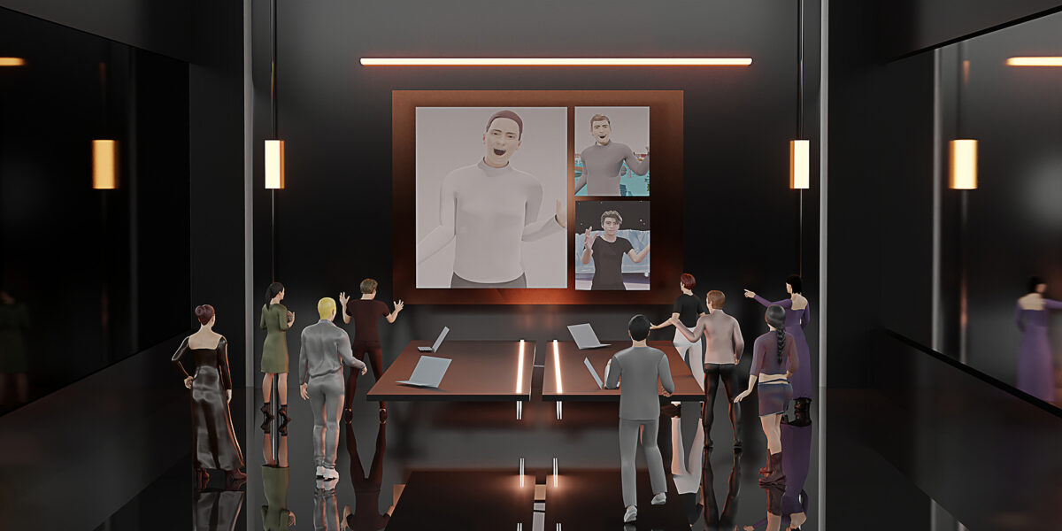 People in a dark room watching a large screen with three virtual avatars in a video conference.