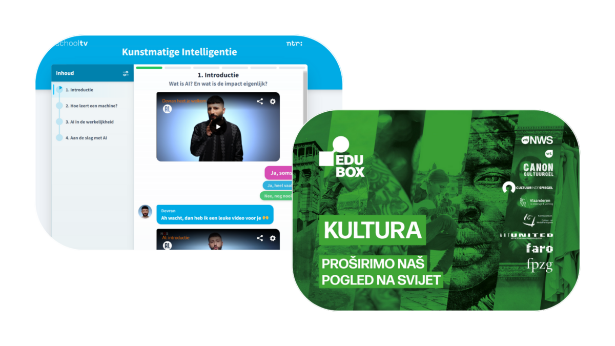 Two screenshots of online learning platforms. One shows a video lesson on AI in Dutch, the other a green banner for "EDUBOX