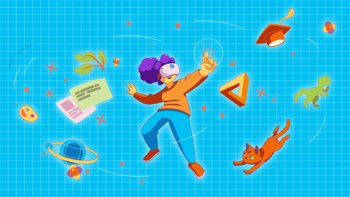 A person wearing a VR headset interacts with virtual objects including a planet, documents, and a dinosaur.
