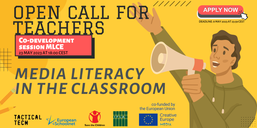 Open Call for Teachers: Media Literacy in the Classroom. Deadline 8 May 2023. Co-development session 23 May 2023.