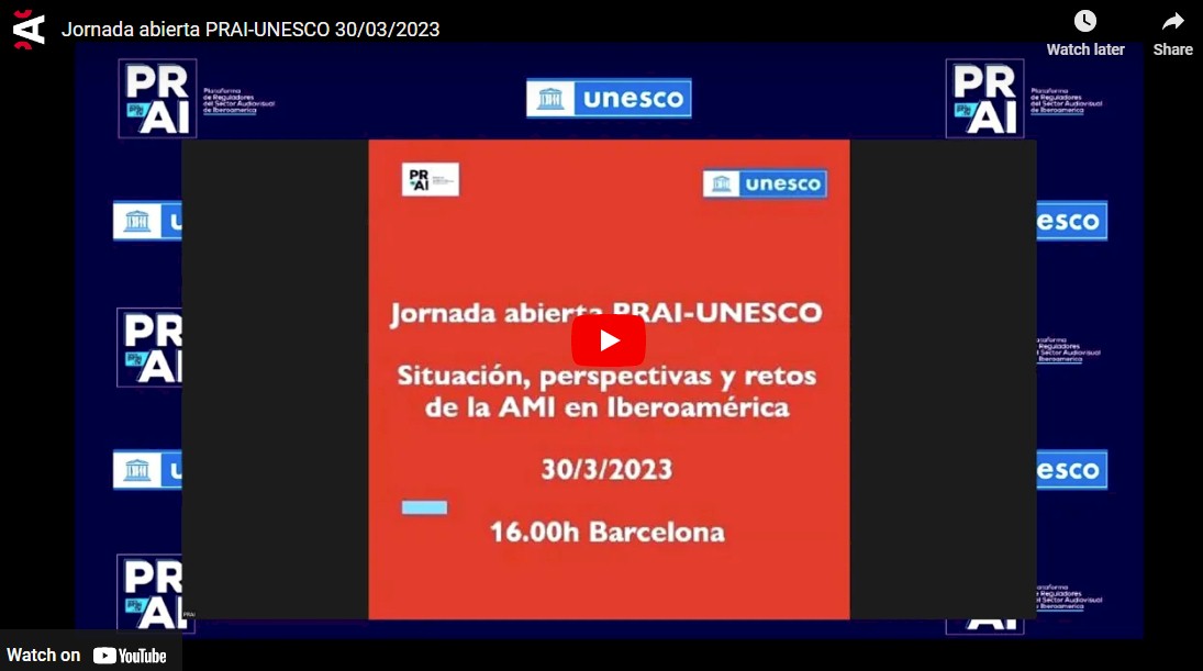 Screenshot of a video title card: Jornada abierta PRAI-UNESCO, Situación, perspectivas y retos de la AMI en Iberoamérica