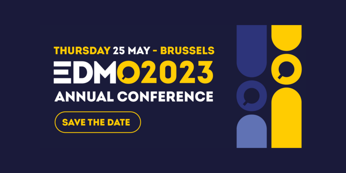 Banner for EDMO 2023 Annual Conference, Thursday 25 May - Brussels. Text: Save the Date.