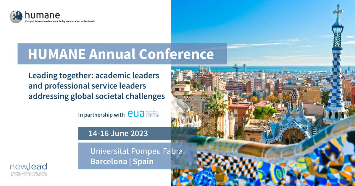 HUMANE Annual Conference banner with text: Leading together, 14-16 June 2023, Barcelona, Spain