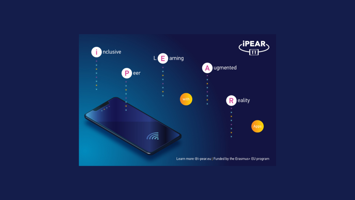 iPEAR logo and text: Inclusive Peer Learning Augmented Reality with Apps, with a smartphone graphic.