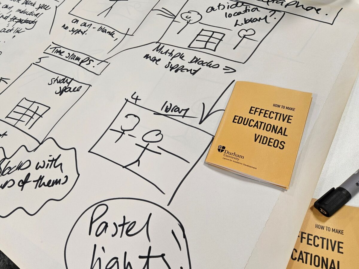A storyboard with hand-drawn sketches and notes, next to a booklet titled How to Make Effective Educational Videos.