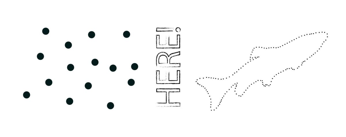 Black dots on the left, the word HERE! in the middle, and a dotted outline of a fish on the right.