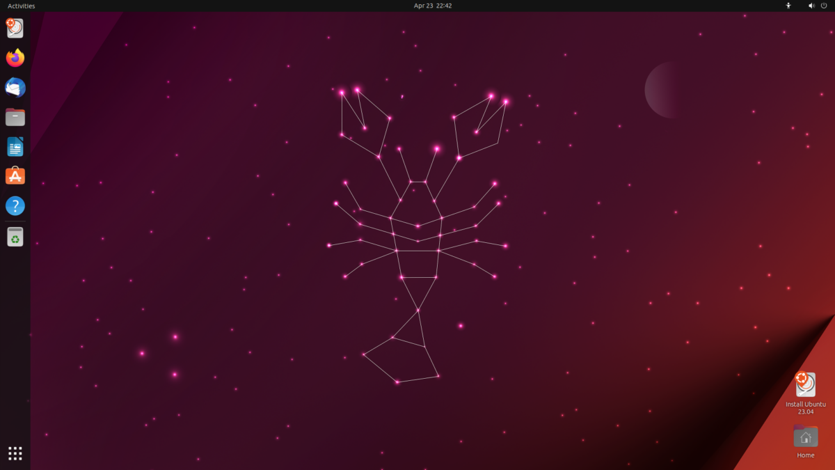 A screenshot of an Ubuntu Linux desktop with a scorpion constellation wallpaper and a dock on the left.