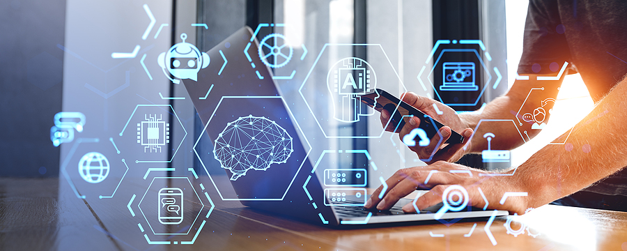 Person using a laptop and smartphone, surrounded by glowing hexagonal icons representing AI and technology.