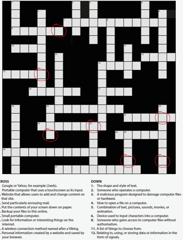 A crossword puzzle with clues related to data and technology. Several cells are circled in red.