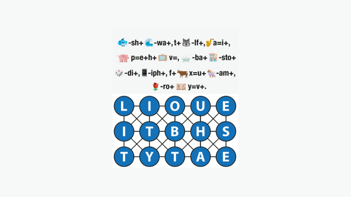 A word puzzle with emojis and letters. Emojis represent words, and letters form a grid.