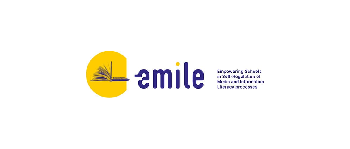 Logo of EMILE: an open book and a laptop in a yellow circle, next to the word "emile