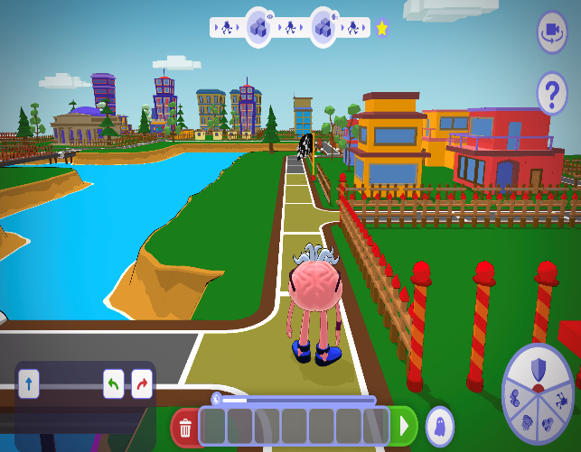 A 3D animated game scene with a pink brain-like character walking on a path next to a river and city.