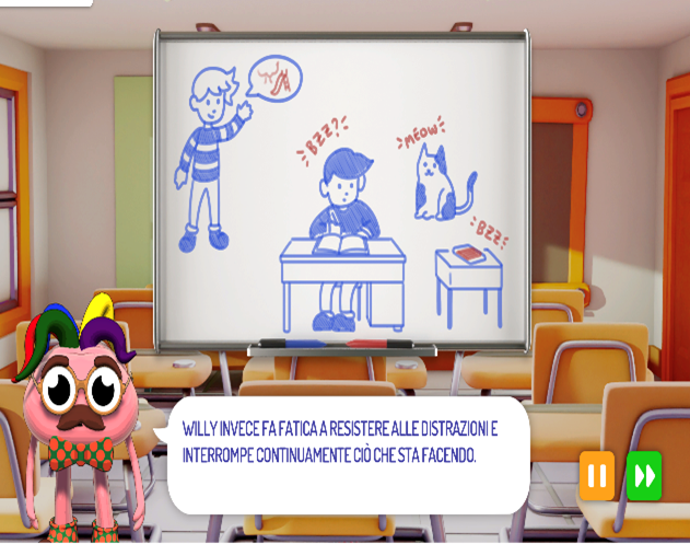A cartoon character with a speech bubble in a classroom with a whiteboard showing drawings of children and a cat.