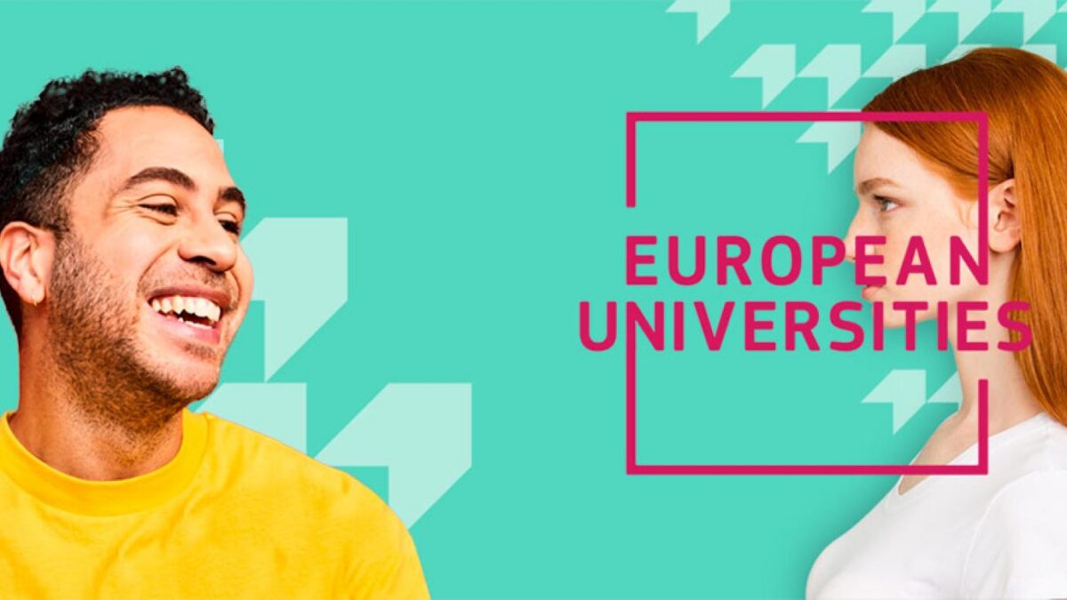 Smiling man in yellow t-shirt and woman with red hair looking at each other. Text: EUROPEAN UNIVERSITIES.