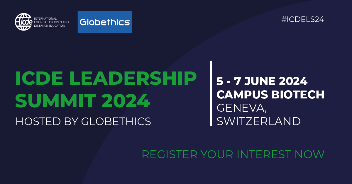 ICDE Leadership Summit 2024 hosted by Globethics, 5-7 June 2024, Campus Biotech, Geneva, Switzerland. Register your