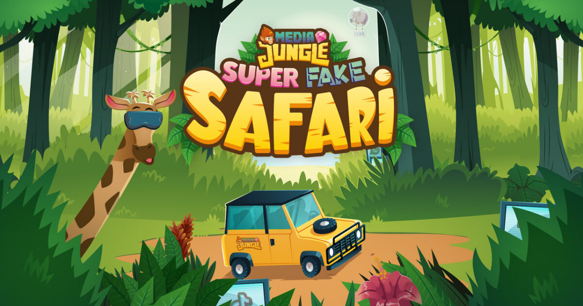 A giraffe wearing VR goggles, a yellow safari jeep, and the game title Media Jungle Super Fake Safari