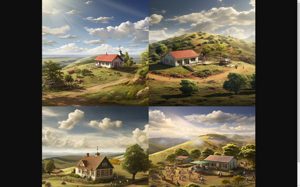 Four AI-generated images of houses in a rural, hilly landscape under a bright sky with clouds.