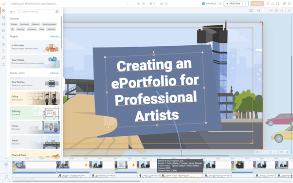 Screenshot of Vyond Go interface showing a video being edited with the title "Creating an ePortfolio for Professional Artists