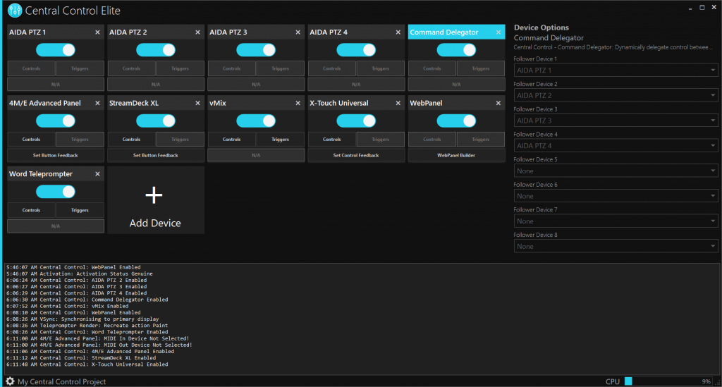 Screenshot of Central Control Elite software showing multiple device controls and options for Command Delegator.