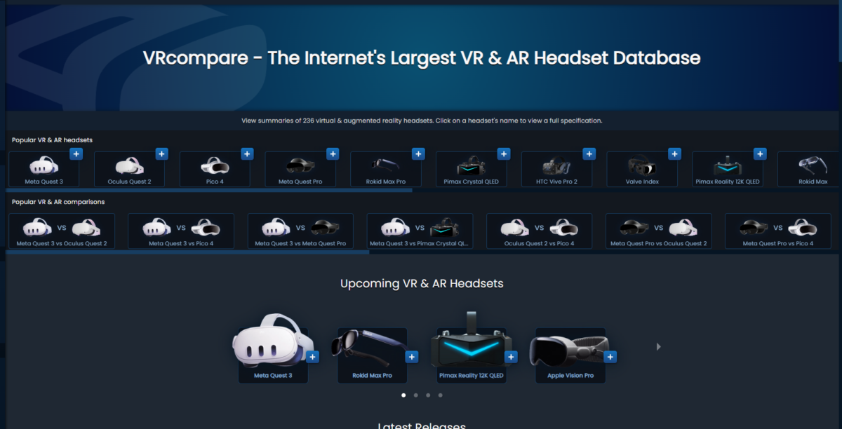 Screenshot of VRcompare website showing popular VR & AR headsets, comparisons, and upcoming headsets.