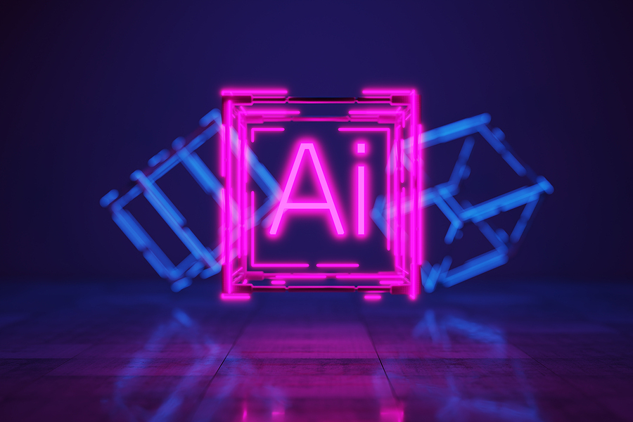 Neon pink AI text in a square frame, with blue geometric shapes in the background