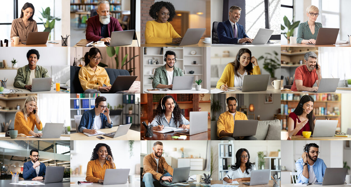 A grid of 25 diverse people, mostly young adults, using laptops and headsets in various home and office settings.