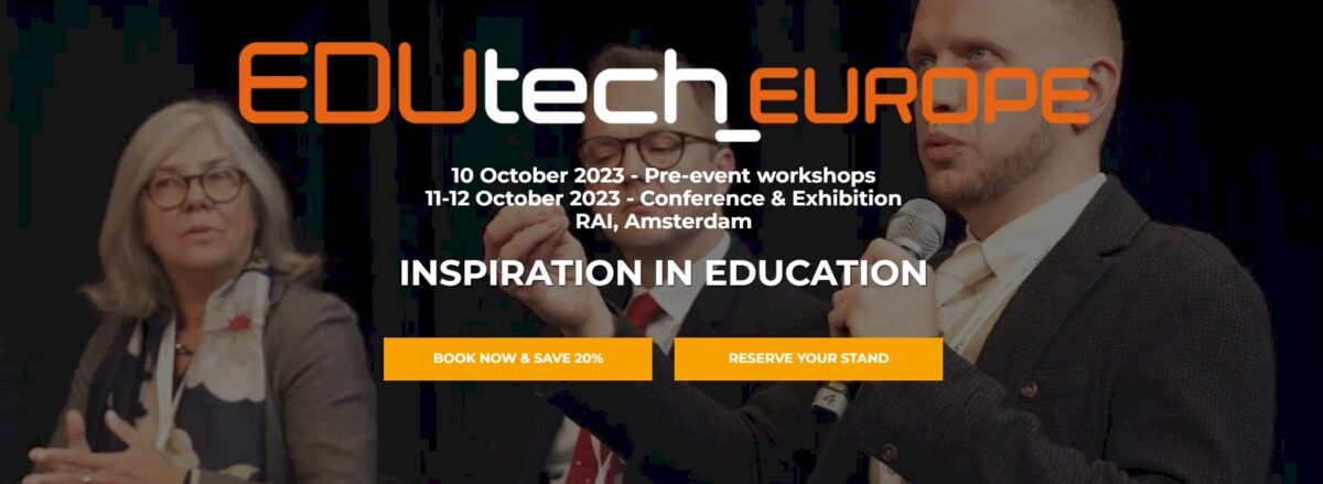 EDUtech Europe logo with event details: 10-12 October 2023, RAI, Amsterdam. Inspiration in Education.
