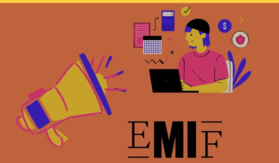 Illustration of a megaphone and a person working on a laptop, with the text EMIF below.