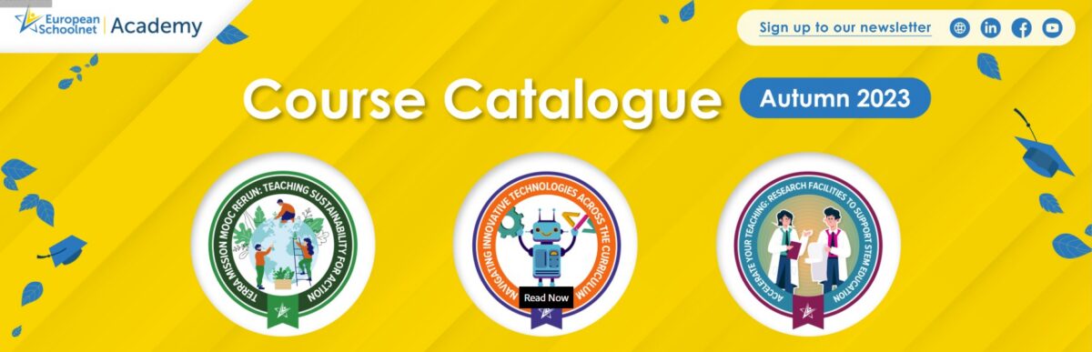 Course Catalogue Autumn 2023 banner with three circular course icons: Terra Mission, Innovative Technologies, Research