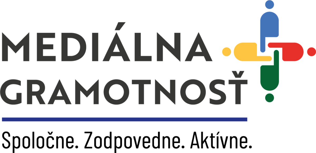 Logo for Media Literacy+ in Slovakia, with text MEDIÁLNA GRAMOTNOSŤ and four stylised people forming a cross.