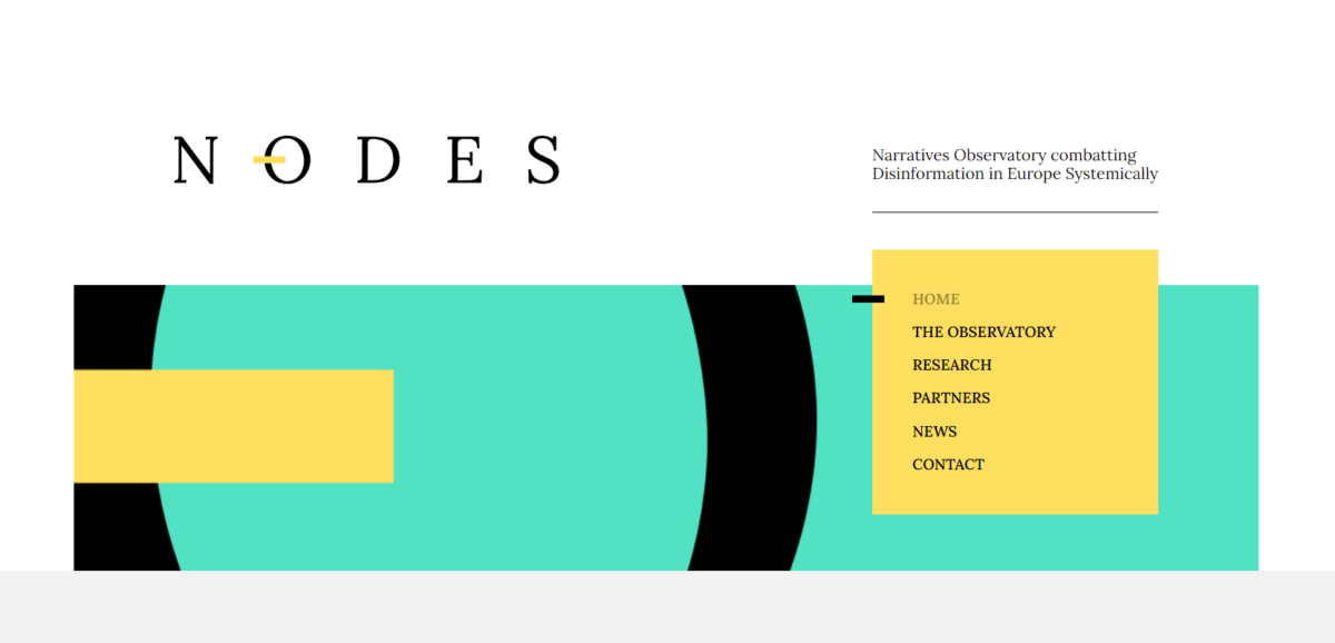 Screenshot of the NODES website with the logo and menu items: Home, The Observatory, Research, Partners, News, Contact.