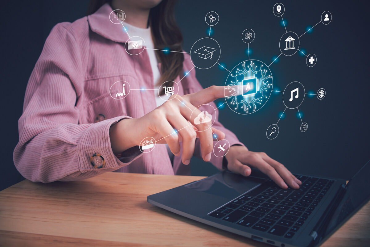 A person interacting with a holographic AI chip surrounded by various application icons like education, shopping, and music.