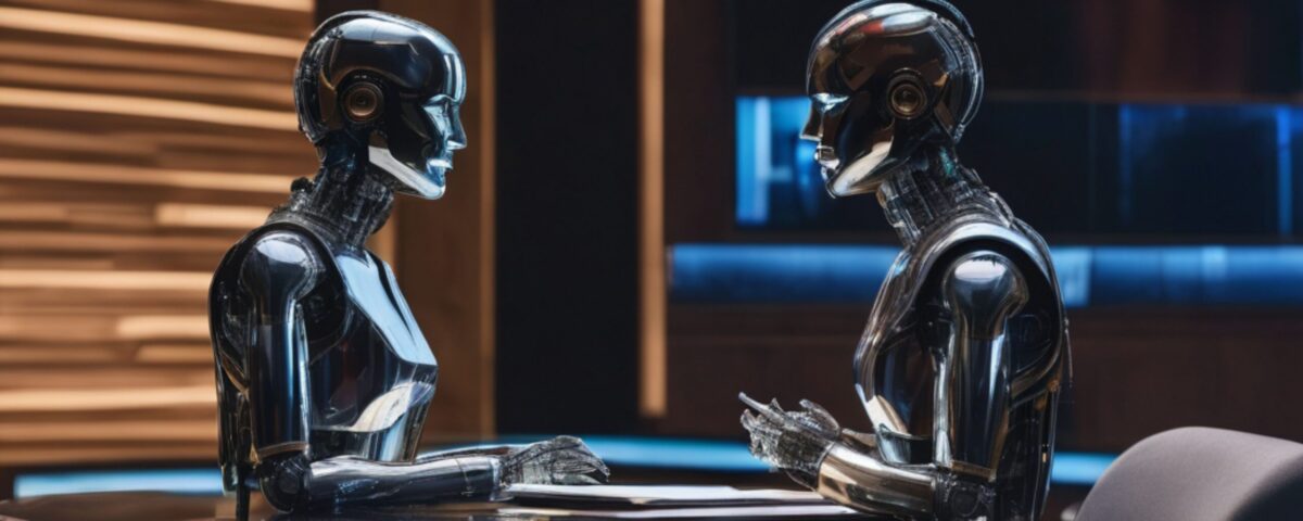 Two humanoid robots, one on the left and one on the right, facing each other in a discussion.