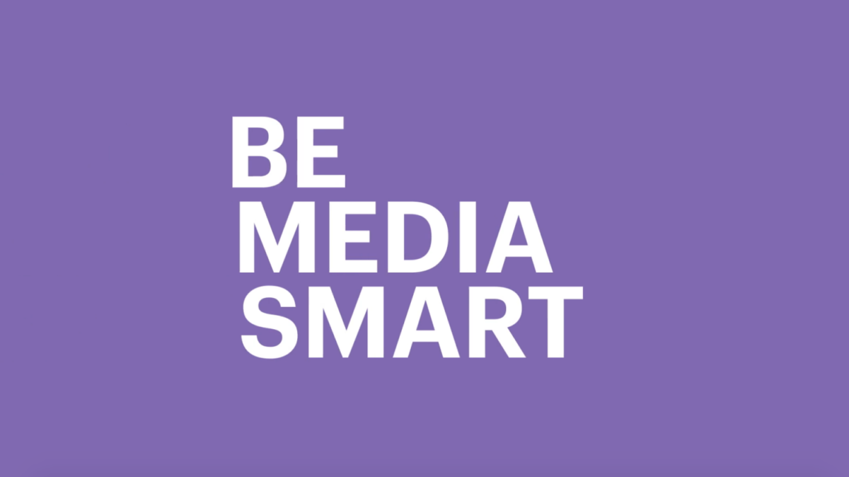 Text on a purple background: BE MEDIA SMART