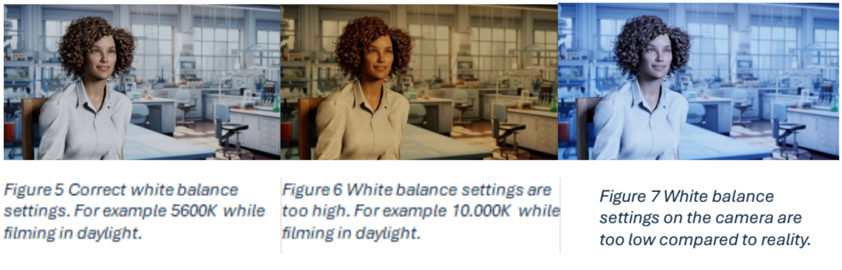 Three images of a woman in a lab, showing correct, too high, and too low white balance settings.