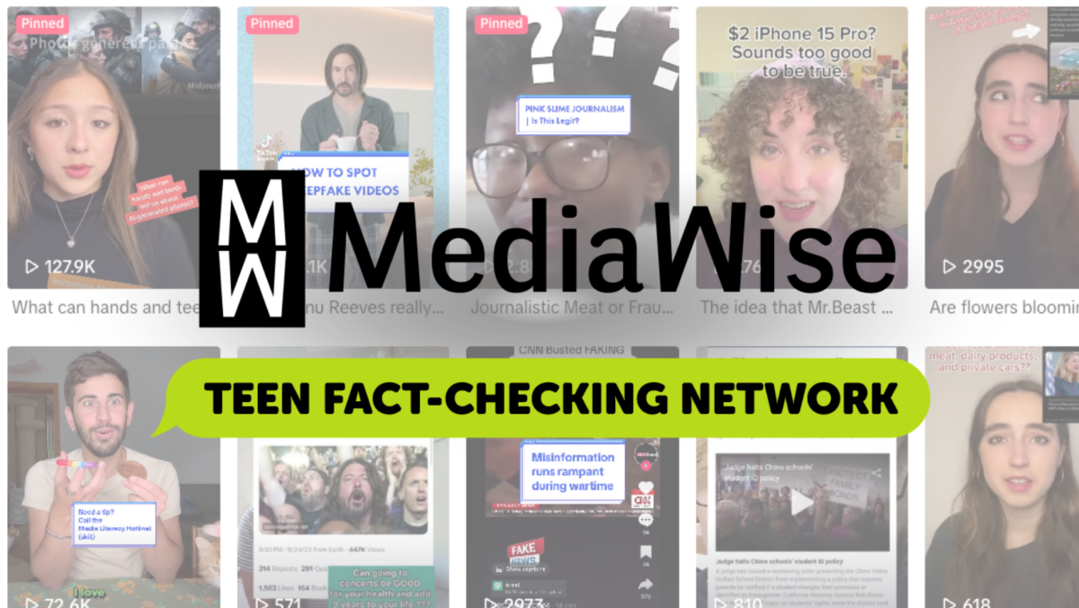 MediaWise logo over a grid of social media videos, with a green banner saying Teen Fact-Checking Network.