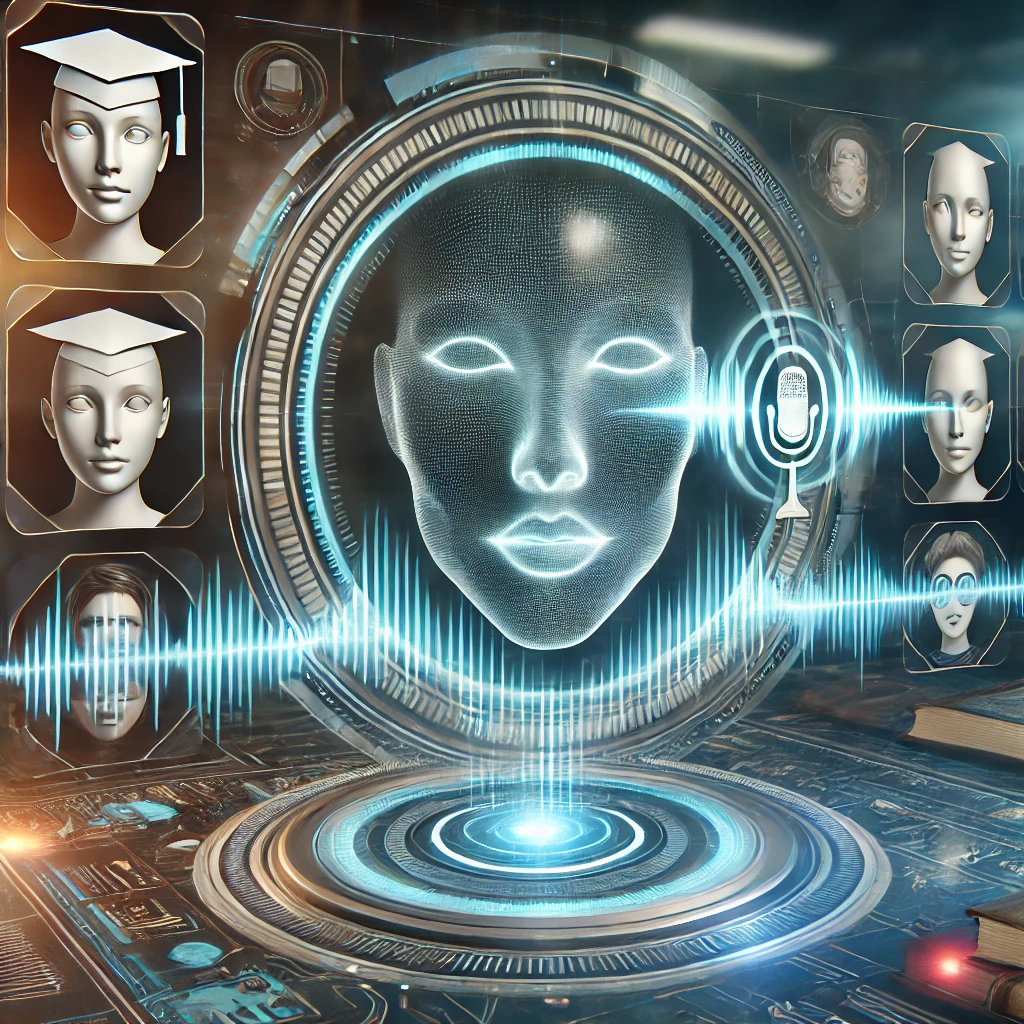 A central glowing wireframe face with sound waves and a microphone, surrounded by smaller faces.