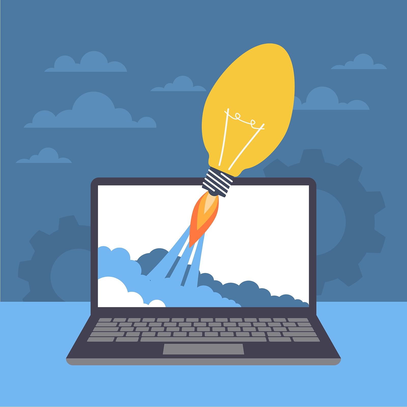 A lightbulb with a rocket flame at its base launching out of a laptop screen, surrounded by clouds.