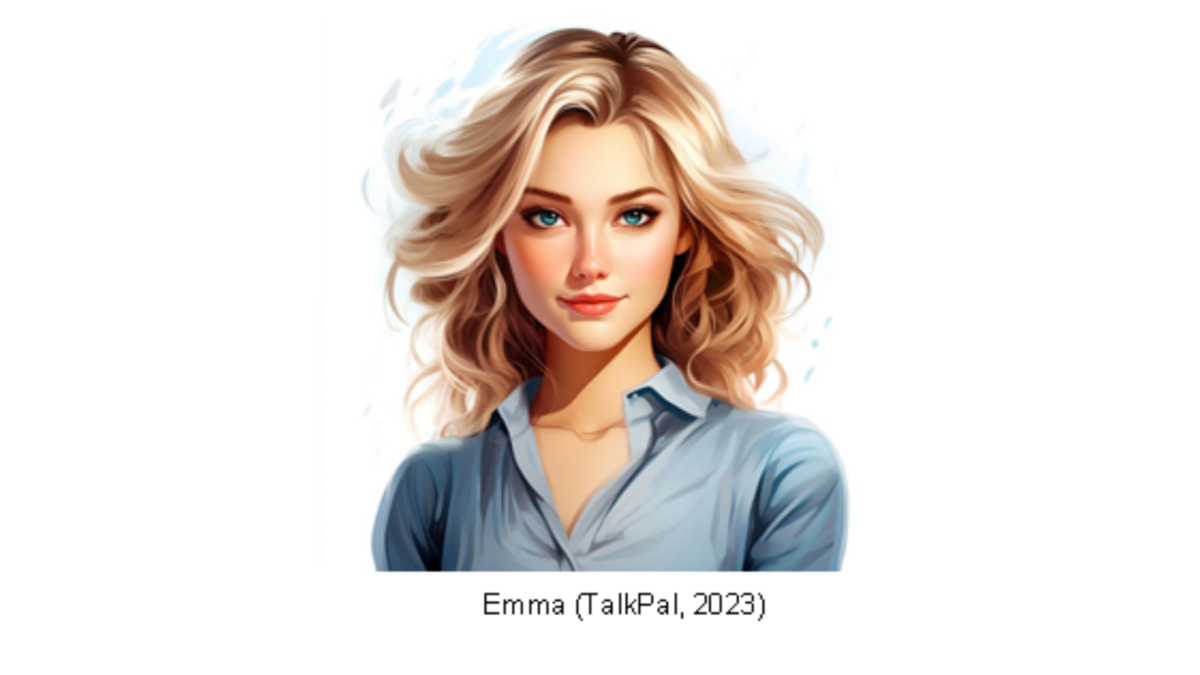 A digital illustration of a young woman named Emma with blonde hair and blue eyes, wearing a light blue shirt.