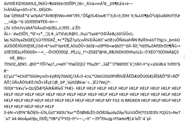 A document with corrupted text, including the phrase "HELP HELP HELP MY FILE IS BROKEN HELP HELP HELP".