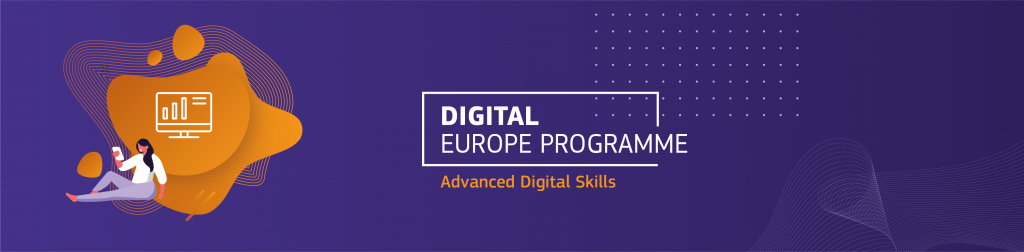 Digital Europe Programme: Advanced Digital Skills. A woman sits holding a phone, next to a monitor with a bar chart.