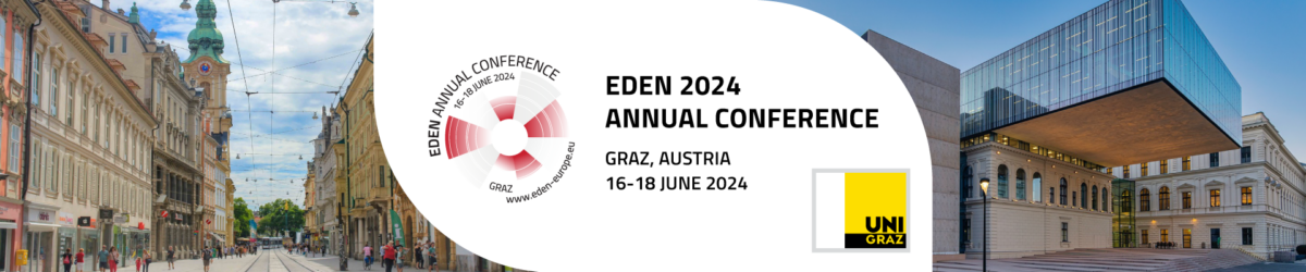 EDEN 2024 Annual Conference banner with city street, logo, and modern building, Graz, Austria