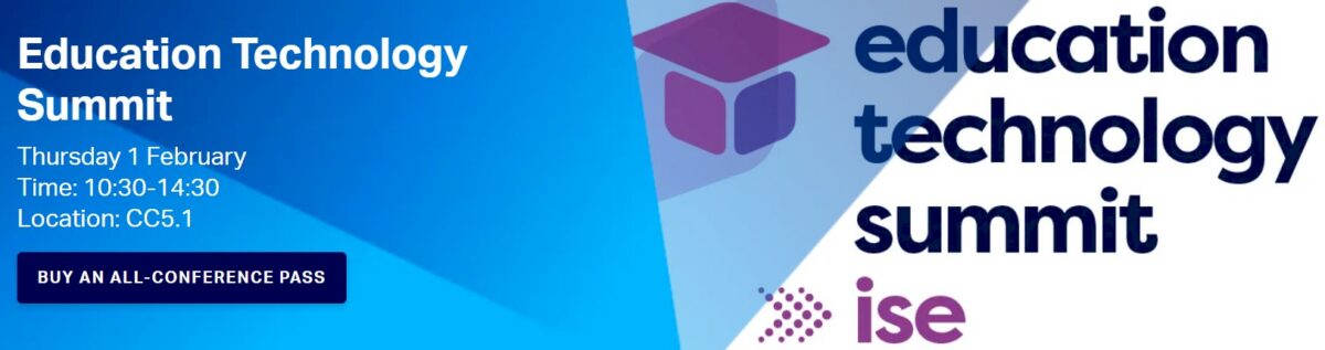 Education Technology Summit banner with event details: Thursday 1 February, 10:30-14:30, Location: CC5.1. Button: BUY AN