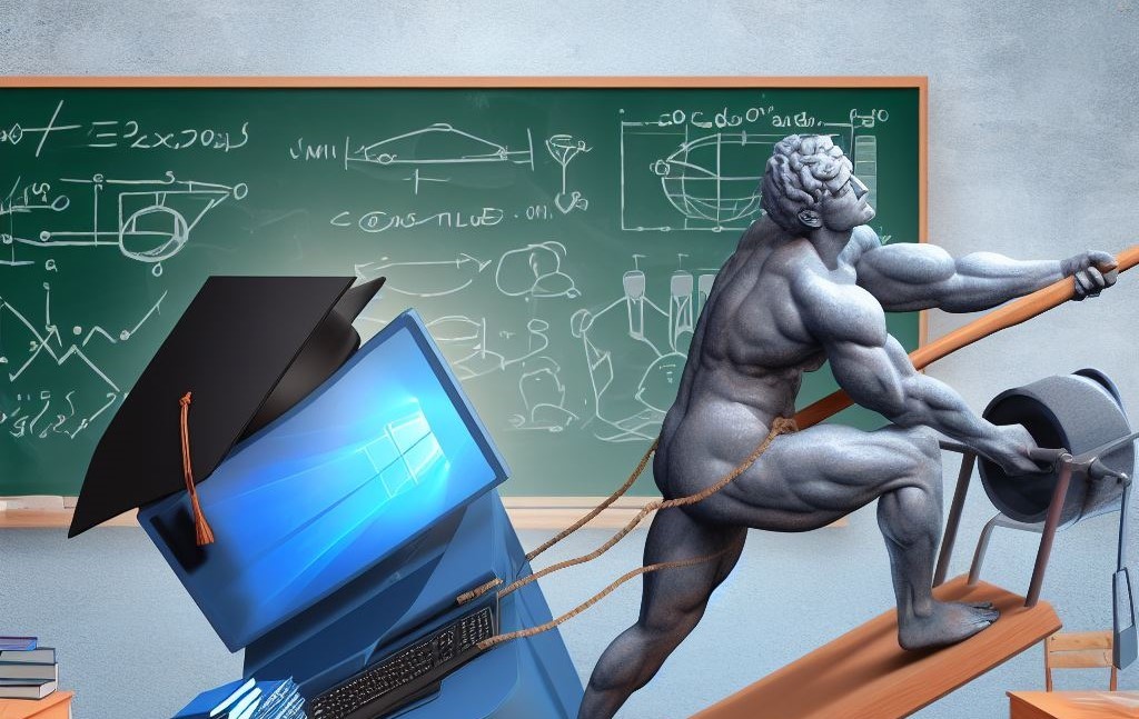 A muscular, grey statue of a man, like Sisyphus, pulling a large computer with a graduation cap on it.