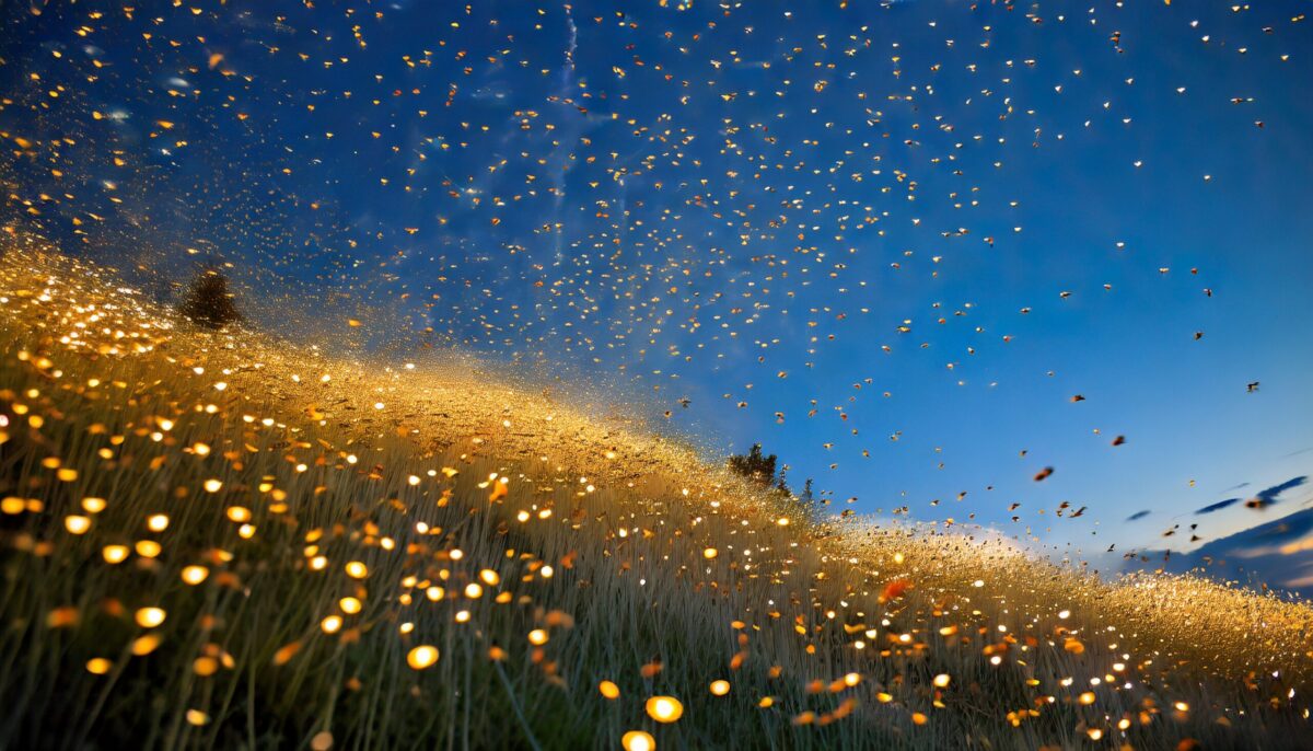 A vast field of glowing fireflies under a clear blue sky, with many fireflies also in the air.