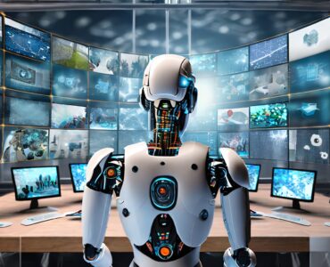 Robot watching many computerscreens with images on them