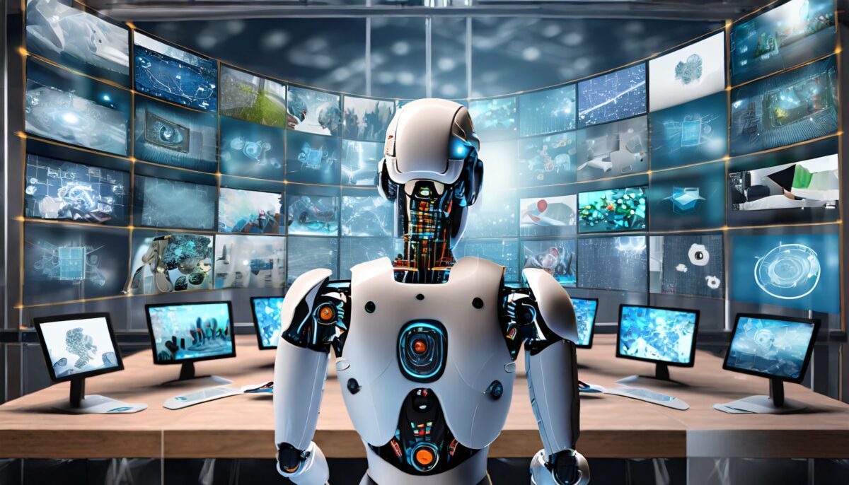 A white robot with glowing blue eyes stands in front of a curved wall of many computer screens